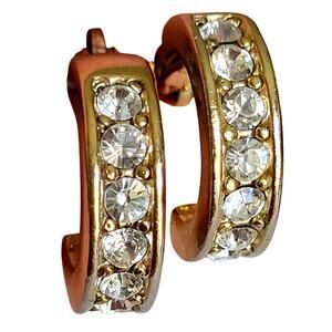 Signed Monet Gold Diamond Rhinestone Channel Set Hugger Clip On Earrings